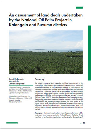 2019-An assessment of land deals undertaken by the National Oil Palm project in Kalangala and Buvuma districts - By Ronald KakungulaMayambala and Damalie Tibugwisa